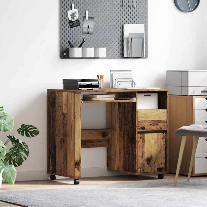 SALE 2026 Bureau moderne compact Marron - Bureau avec roulettes avec tiroir Bois Ancien 91x50x77cm PRO691899774