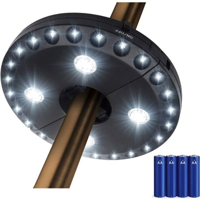 Lampe de parasol LED - MICH - 28 LED - 3 modes de luminosité - 220 lux - Fonctionne avec 4 piles AA