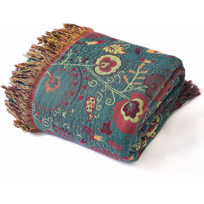 Plaid coton 200x230 cm vert floral avec franges jeté canapé/fauteuil/lit grande taille Label