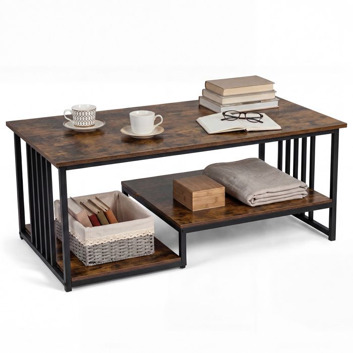 Table Basse Salon à 2 Niveaux COSTWAY 2 Étagères de Rangement Table dAppoint Rectangulaire 110 x 60 x 45 cm pour Bureau Marron Table Basse Salon à 2 Niveaux COSTWAY 2 Étagères de Rangement Table dAppoint Rectangulaire 110 x 60 x 45 cm pour Bureau Marron