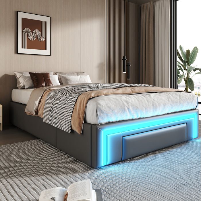 Lit simple gris 90×200 cm avec rangement sommier inclus LED RGB structure solide montage nécessaire