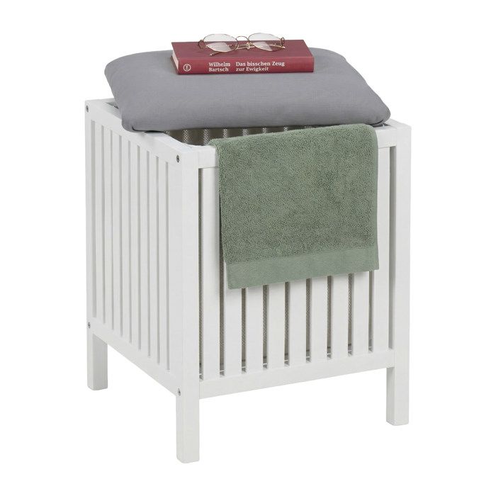 Relaxdays Panier à linge en noyer et siège couvercle rembourré 51×38×38 cm tabouret de bain blanc/gris