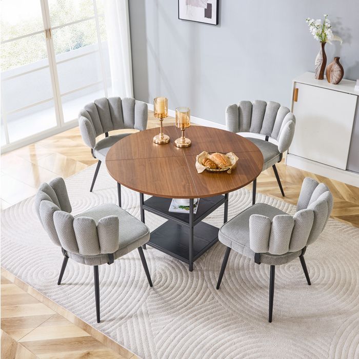 Ensemble table et chaises gris et marron Ø107 cm 1 table + 4 chaises double rangement structure métal noir