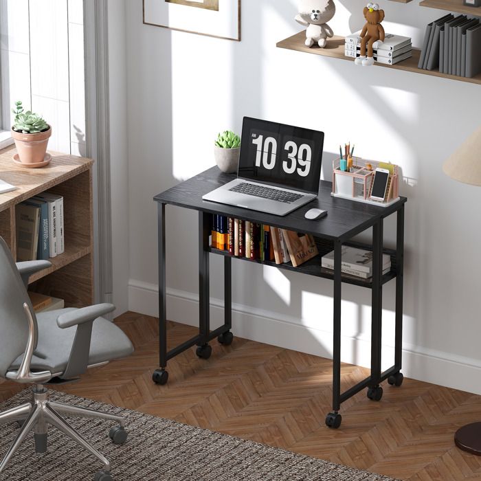 HOMCOM Bureau Pliable Gain de Place avec Étagère de Rangement Poche Latérale et 6 Roues Noir