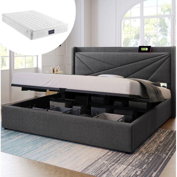 HOMVRA Lit coffre 160x200 cm avec USB et Type-C tête de lit rembourrée sommier à lattes et matelas gris