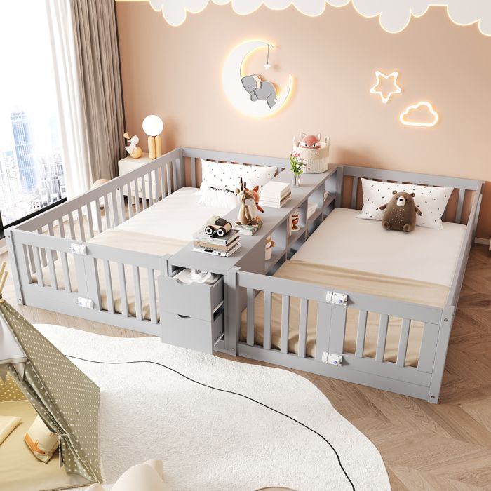 Lit Enfant Jumeaux 90x200 cm Bois Gris - 2 Couchages Séparés Rangements Tiroir & Étagère Barrières de Sécurité Hautes