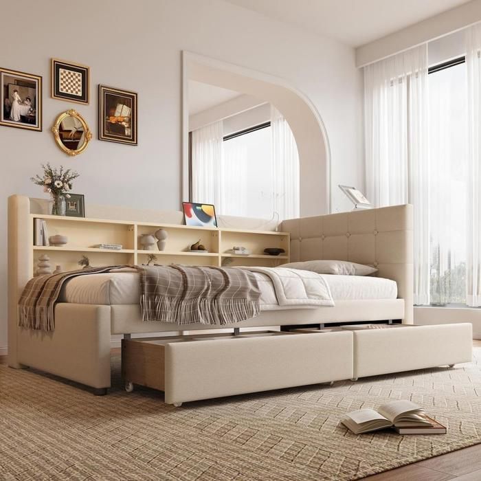 Lit banquette - KOMHTOM - Lit banquette 90x200 cm - 2 tiroirs & étagères - Sommier à lattes bois - Ports USB Type-C Lit banquette - KOMHTOM - Lit banquette 90x200 cm - 2 tiroirs & étagères - Sommier à lattes bois - Ports USB Type-C