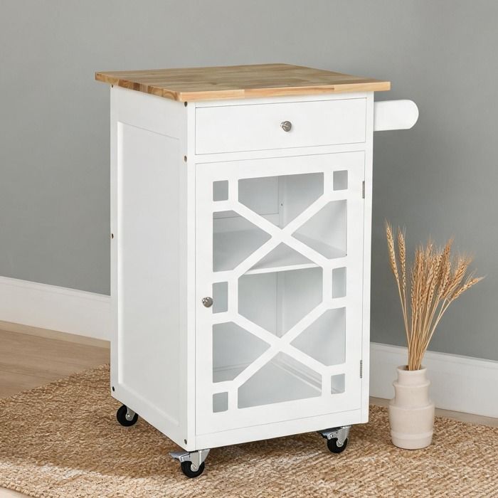 Desserte de cuisine à roulettes design contemporain blanc avec tiroir placard vitré et porte-serviette MDF