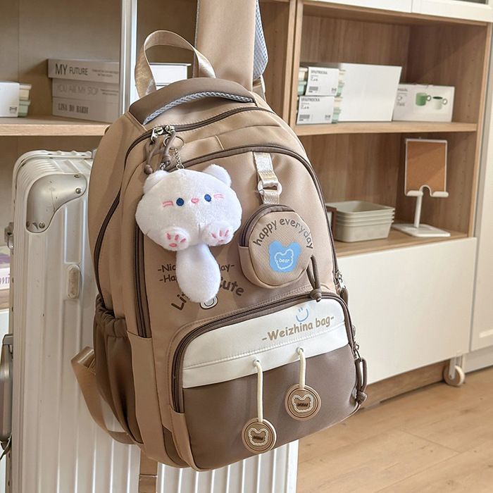 XJYDNCG Cartable Fille Primaire - Imperméable Multi - Poches Accessoire Peluche - 40x28x18cm - Beige