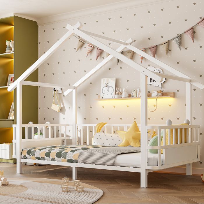 Lit cabane enfant simple 90×200 cm barrières de sécurité - HAVRYA - sans matelas métal blanc