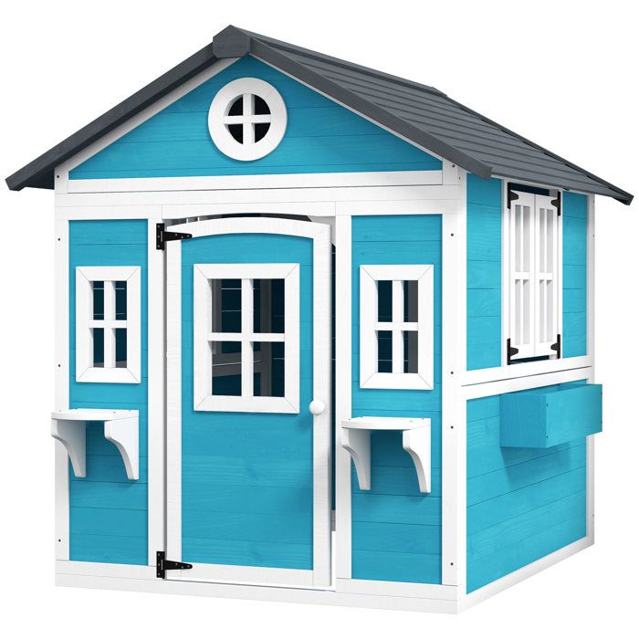 LIA Cabane enfant extérieur maison enfant extérieure avec porte fenêtres et jardinières 114 x 126 4 x 135 cm bleu