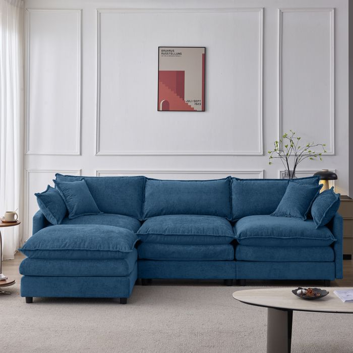 Canapé dangle modulable - ZEVKOR - 3 places - pouf modulable - housses amovibles - chenille bleu