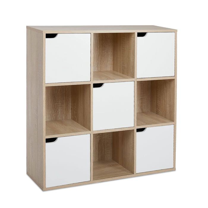 Bibliothèque 9 casiers - 4 ouverts et 5 portes en chêne panneau de particules - dimensions 90 x 30 x 90 cm pour salon ou bureau