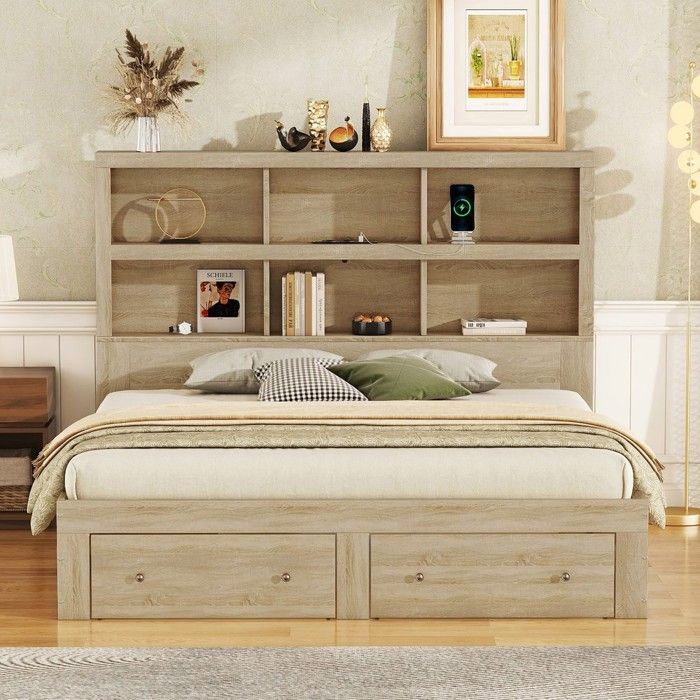 Lit double 160x200cm avec tiroirs tête de lit rangement bois naturel cadre design pour adulte