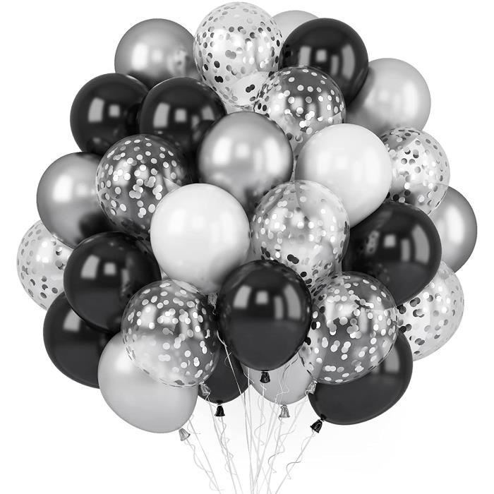 Ensemble de Ballons Noir Argenté Blanc, 60 ballons de 12 pouces