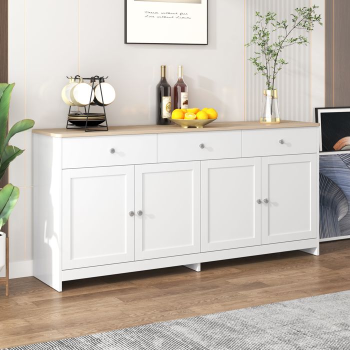 Buffet Salon Elégant Meuble dentrée 4 Portes 3 Tiroirs Armoire de Cuisine Panneaux en Bois et Blanc160x37x75cm Style rustique