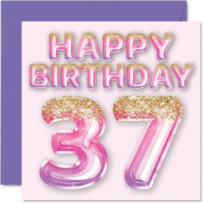 37Th Birthday Card For Women-Pink & Purple Glitter Balloons-Happy ...