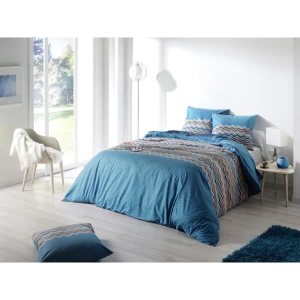 Housse de couette 240X260 cm ESSENTIEL BLEU CD   2 taies d oreiller ...