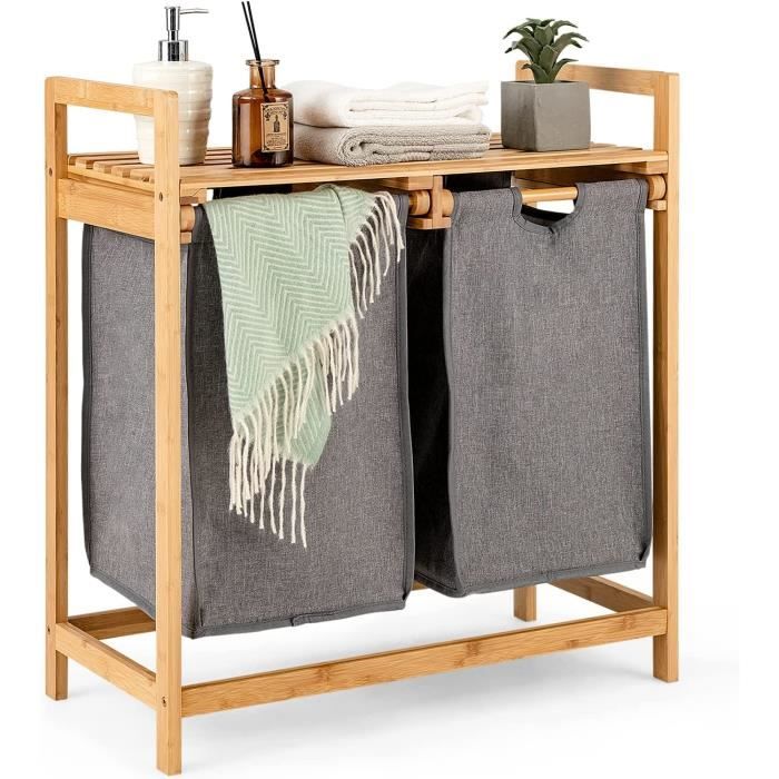 Panier À Linge Avec 2 Compartiments Amovibles En Bambou, PorteLinge