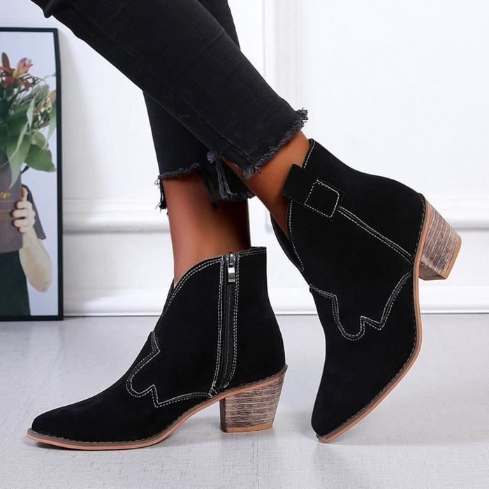 Bottines à Paillettes Pour Femme - Talon Bloc 6 Cm - Fermeture éclair Latérale - Synthétique - Tendance