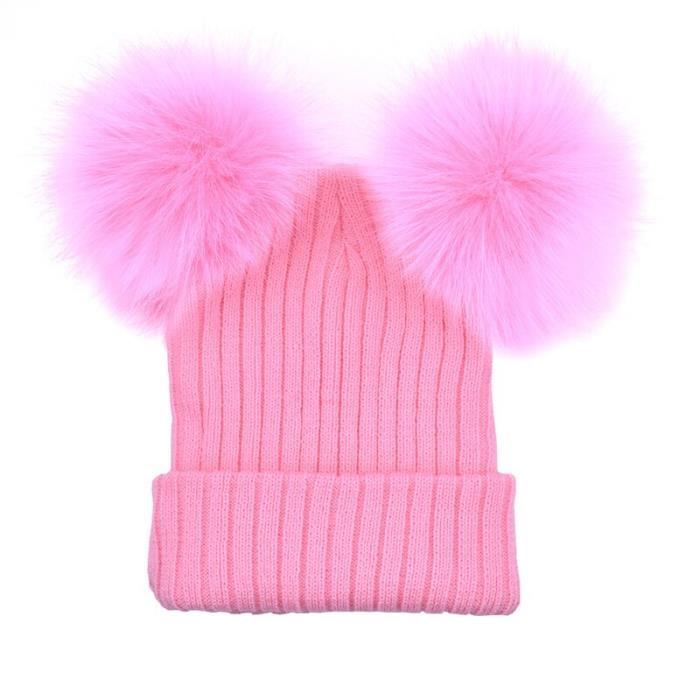 Casquette Bonnet d hiver en fourrure a 2 pompons pour femme et fille bonnet en laine tricote bonnet en coton tout Type Rose Cdiscount