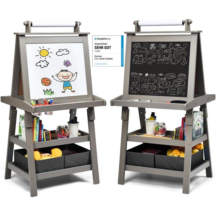 Chevalet en bois pour enfants, tableau blanc/noir double face, tableau noir sur pied réglable en hauteur, avec rouleau de papier et étagère | Leroy Merlin