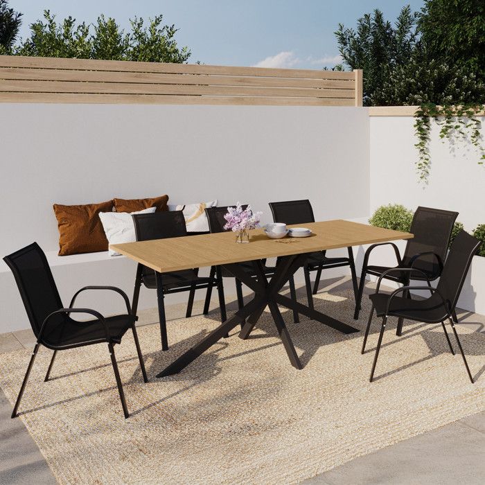 IDMARKET Salon de jardin MESSINA table 190 cm pied araignée plateau métal effet bois et 8 chaises empilables noires