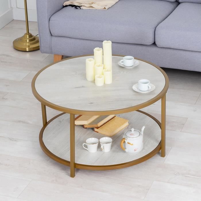 meubles cosy table basse ronde, style industriel, table d’appoint salon, cadre en métal doré, plateaux et étagère en mdf blanc
