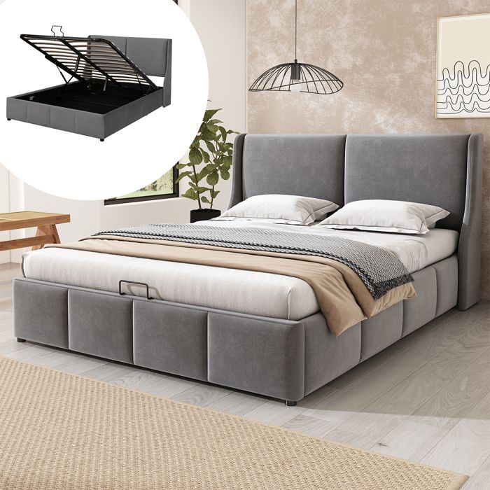 Lit coffre adulte 140x200 cm - MODERNLUXE - Gris - Sommier à lattes - Espace de rangement