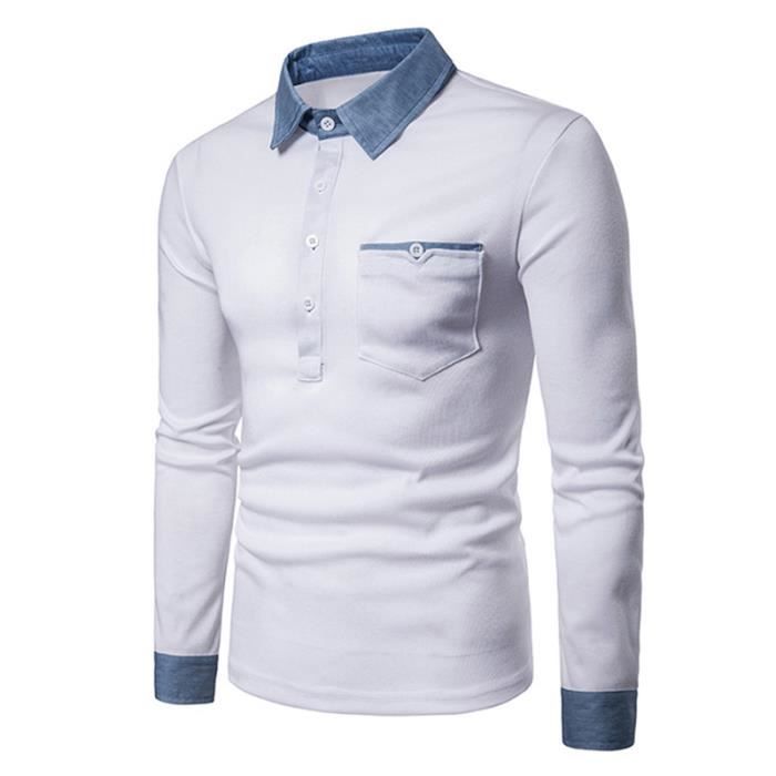 Polo Homme Manche Longues La Mode Avec Poche Col En Jean Polo Grande Baggy Fit Polo Hommes De Marque En Coton Vetement Blanc Cdiscount Pret A Porter