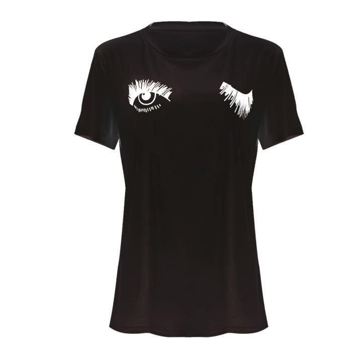 T shirt femme Col rond il impression Demi manche Coton mode Confortable doux T shirt noir