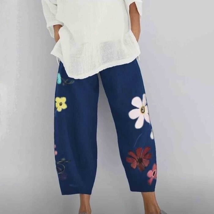PANTACOURT Femmes occasionnels fleurs imprimer taille elastique entrainement sport pantalon large Bleu Bleu Cdiscount Pret a Porter