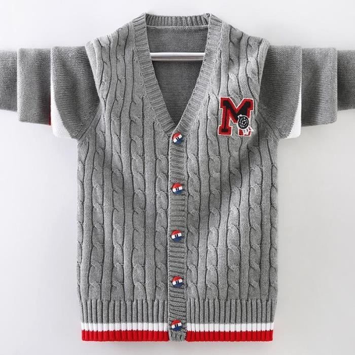 Gilet Enfant Garcon en Tricot Cardigan Col V Manches Longues en