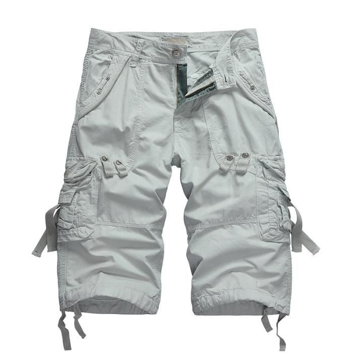 Short Cargo Camouflage Homme - Taille 29 à 42, Longueur Variable, Sans Ceinture