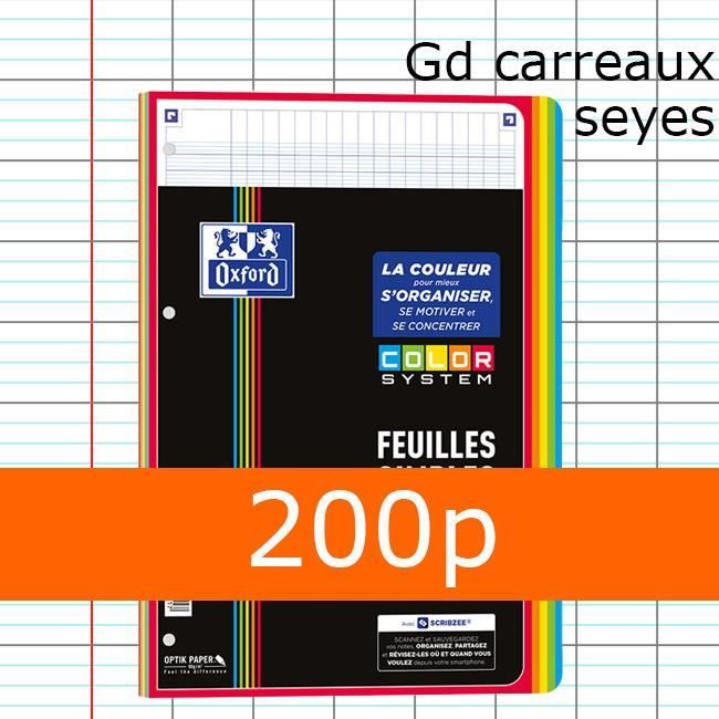 200 pages Feuilles simples OXFORD Color System A4 Grands carreaux Séyès Perforées Cadre couleurs assorties