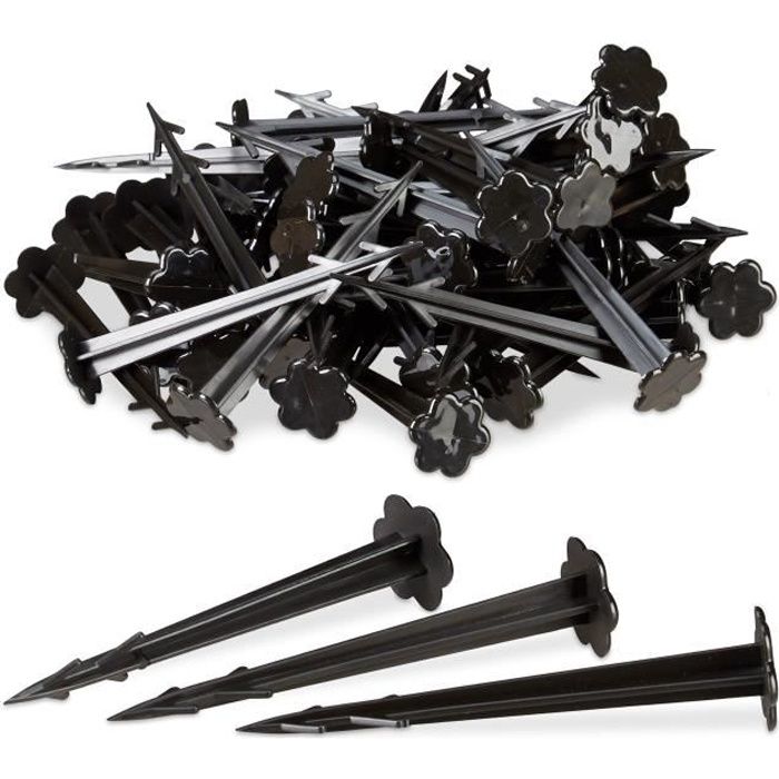 Relaxdays Piquets de fixation sol en plastique, clous, lot de 100, sardines, jardin, tente, fixation terre 11,5 cm, noir