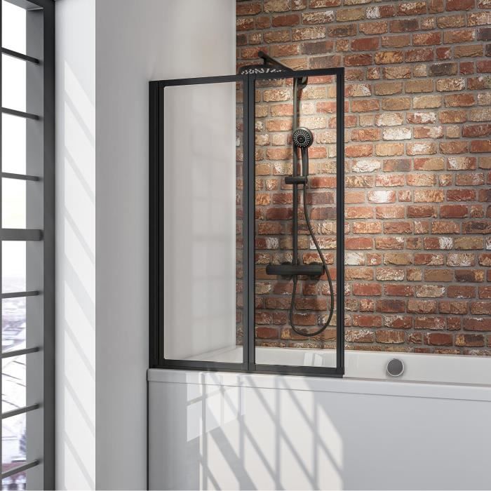 Schulte pare-baignoire 87x120 cm réversible à coller sans percer écran pliant rabattable verre 3 mm transparent noir