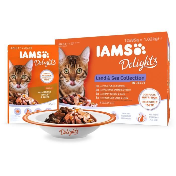 IAMS Delight Nourriture pour chat adulte - 12 sachets fraicheurs 4 recettes Terre / Mer en gelée - Sans sucre ajoutés - 12 x 85g IAMS Delight Nourriture pour chat adulte - 12 sachets fraicheurs 4 recettes Terre / Mer en gelée - Sans sucre ajoutés - 12 x 85g