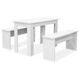 3 pcs Table de salle à manger + bancs -Ensemble 1 Table et 2 Chaises contemporain- Aggloméré Blanc-1