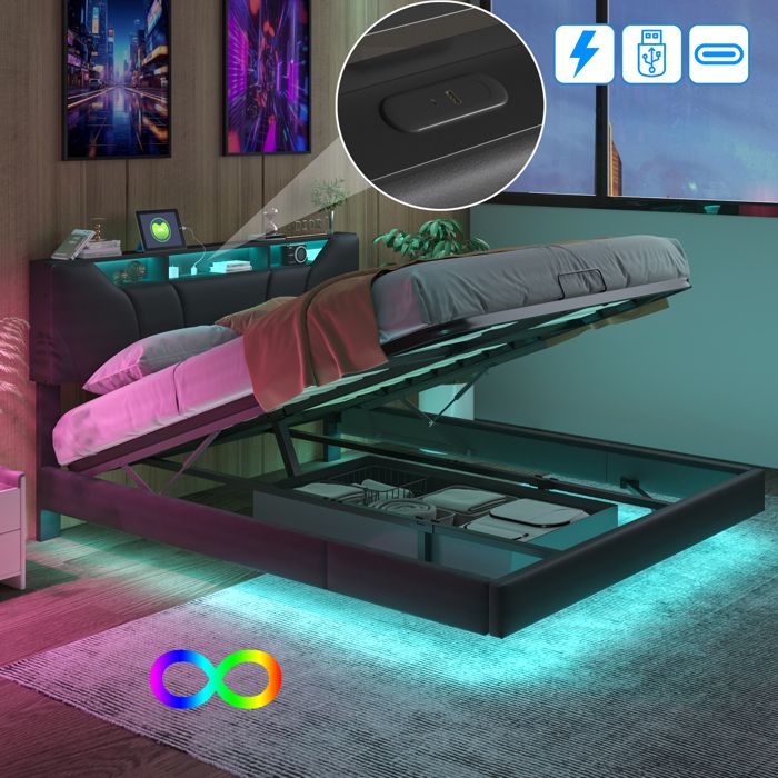 Lit Flottant AOGLLATI 140x190 Cm Avec LED RGB - Cadre Métal, Tête De Lit Rembourrée Et Rangement Intégré