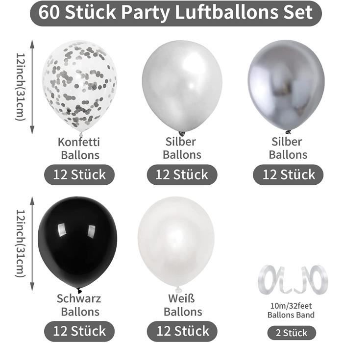 Ensemble de Ballons Noir Argenté Blanc, 60 ballons de 12 pouces