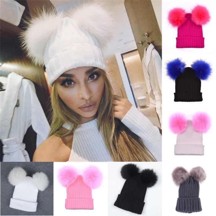Casquette Bonnet d hiver en fourrure 2 pompons pour femme et