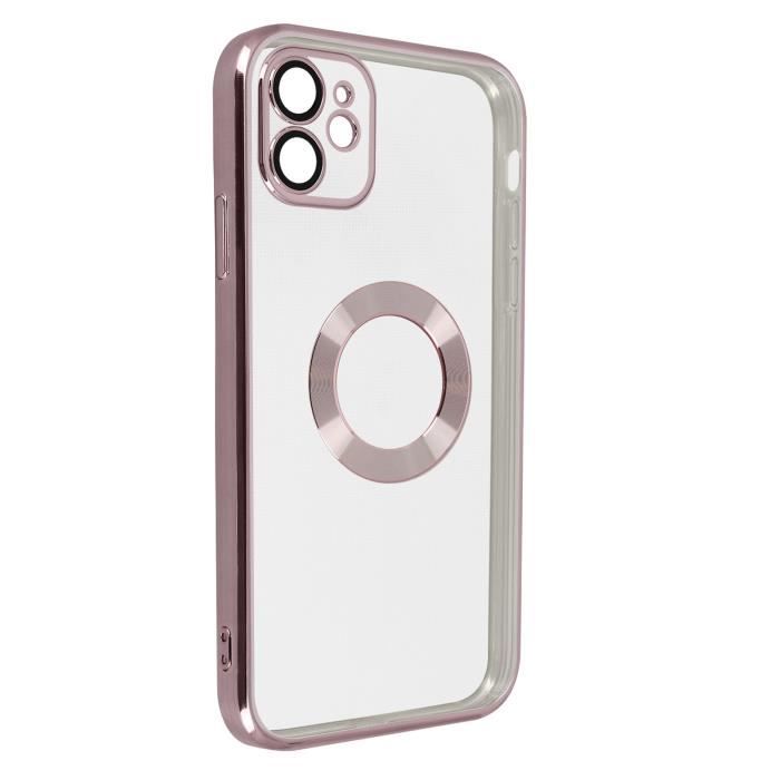 Coque iPhone 11 Silicone Caméra Couvert Transparent Contour Rose