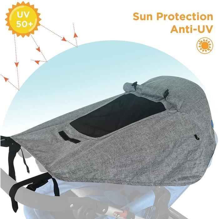 Voile D'ombrage Universel Pour Poussette - Protection UV 50+ - Fenêtre Aérée Et Ailes Latérales - Lavable - 7