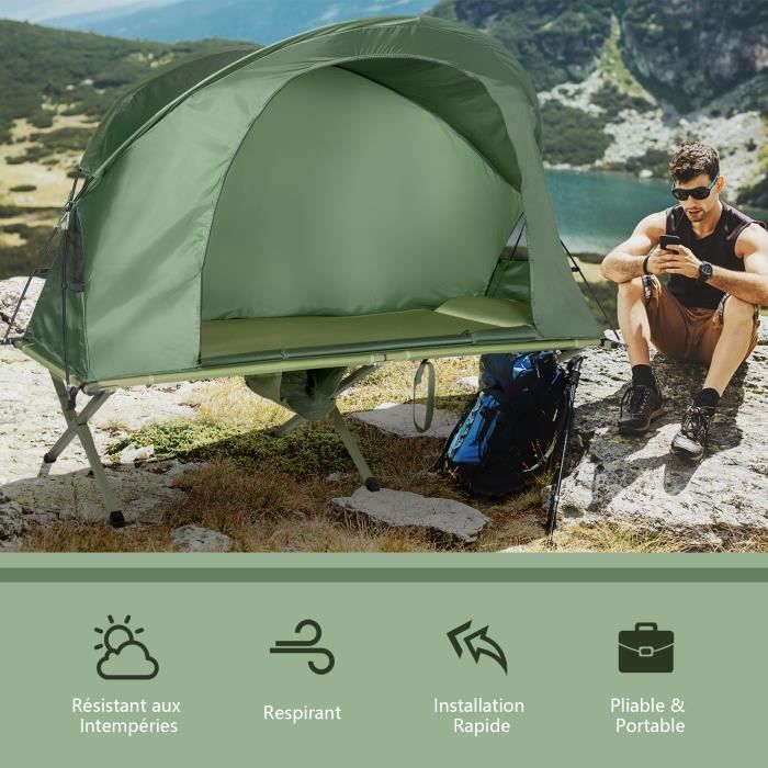 GOPLUS Lit de Camping pour 2 Personnes,Charge 300KG,Tente Pliable avec  Auvent Détachable,Lit Double Surélevé/Tapis de Couchage,Vert - Cdiscount  Sport