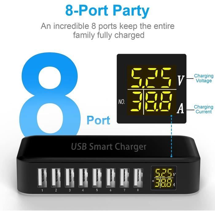 Chargeur USB, Ziwodiv 8-Ports Chargeur Multi USB Portables Prise