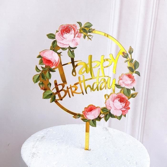 Happy Birthday Cake Topper,Triomphe 4 Pack Personnalisé Joyeux Anniversaire  Gâteau Topper Acrylique Fleur Cupcake Topper