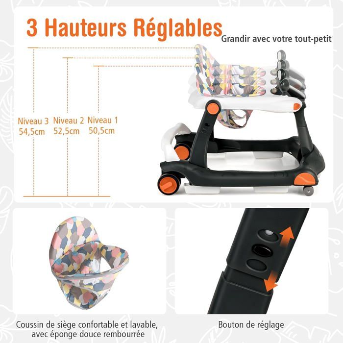 Trotteur Bébé 3-en-1 GOPLUS - Avec Panneau Musical, 2 Vitesses - Pour 6-36 Mois - Bleu Ou Rose