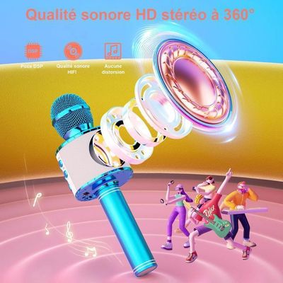 Micro Karaoké Bluetooth Sans Fil Pour Enfant – 5 Fonctions : Karaoké, Haut-parleur, Enregistreur, Selfie, Radio – 5 Voix Modifiables, Batterie 8h, Pour 3-12 Ans