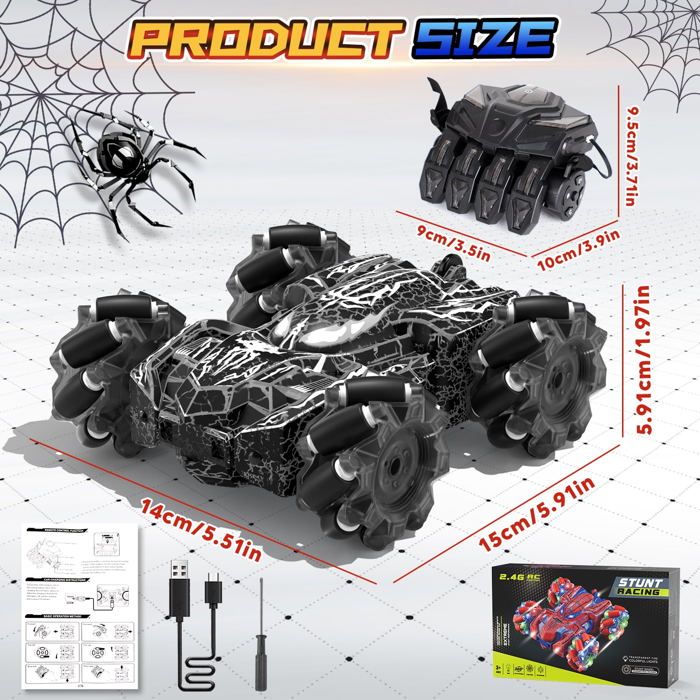 Spider Voiture Télécommandée, Jouets pour Enfant, Cadeau Anniversaire Noel | Détection Gestuelle, Pneus de Dérive, 360° Rotations, Lumière LED, Voiture RC Double Face pour 4-12 Ans, Rechargeable, Noir